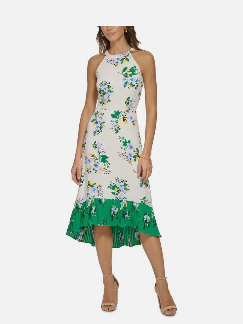 Kensie Cream Floral Midi Dress with Green Pleated Hem